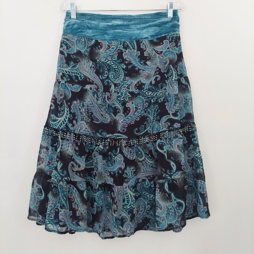 STAR CITY Midi Skirt Size 3 Blue Black Gypsy Ruffle Velvet Paisley Boho Chic